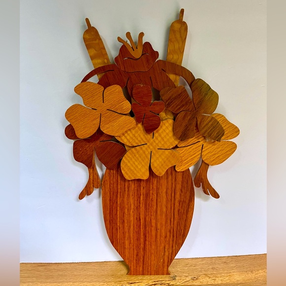 VTG Mixed Wood Handcrafted 70s Wall Art Flowers Cattails Boho Decor Mahogany - Picture 1 of 6